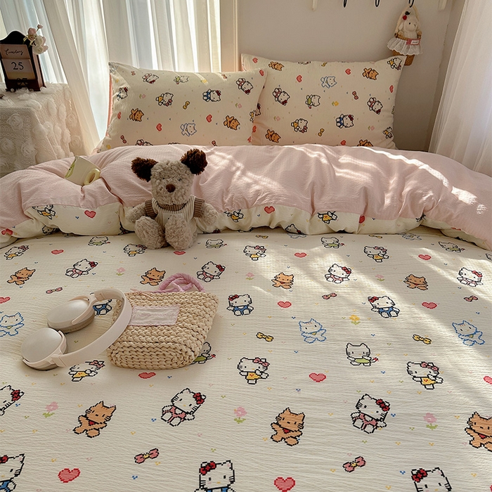 91家纺网 家纺一手货源 找家纺 星禾优选 2025新款全新热款敲可爱的奶呼呼云感双层纱简约四件套系列（提供买家秀） 像素小猫