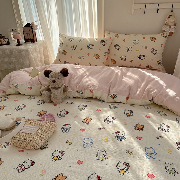 91家纺网 家纺一手货源 找家纺 星禾优选 2025新款全新热款敲可爱的奶呼呼云感双层纱简约四件套系列（提供买家秀） 像素小猫