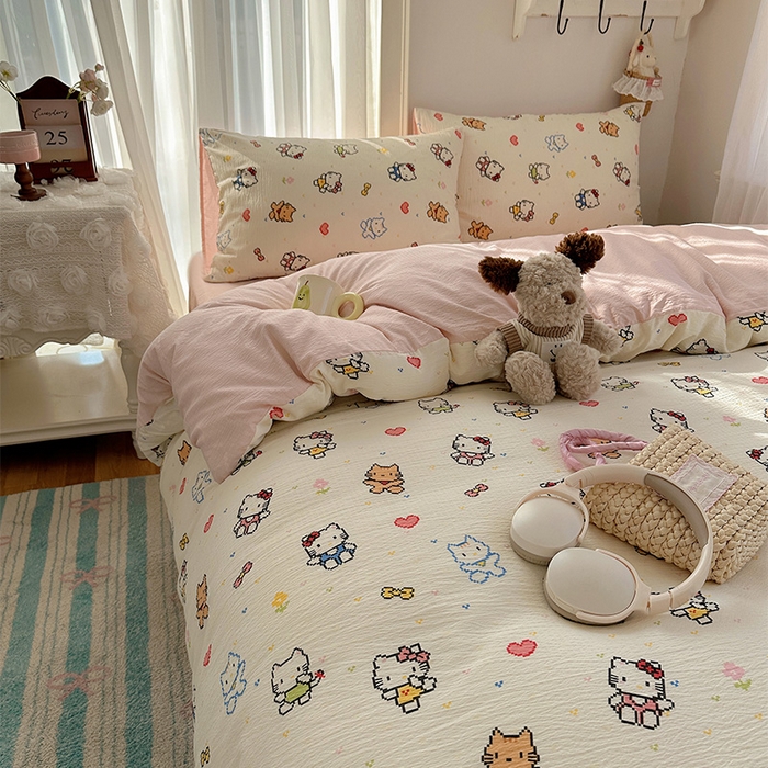 91家纺网 家纺一手货源 找家纺 星禾优选 2025新款全新热款敲可爱的奶呼呼云感双层纱简约四件套系列（提供买家秀） 像素小猫