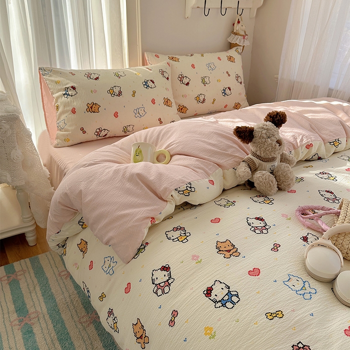 91家纺网 家纺一手货源 找家纺 星禾优选 2025新款全新热款敲可爱的奶呼呼云感双层纱简约四件套系列（提供买家秀） 像素小猫