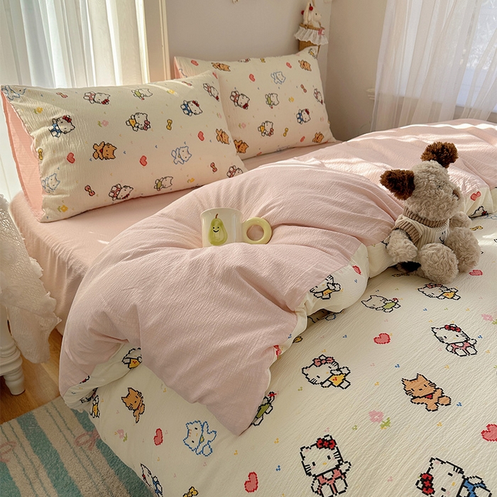 91家纺网 家纺一手货源 找家纺 星禾优选 2025新款全新热款敲可爱的奶呼呼云感双层纱简约四件套系列（提供买家秀） 像素小猫