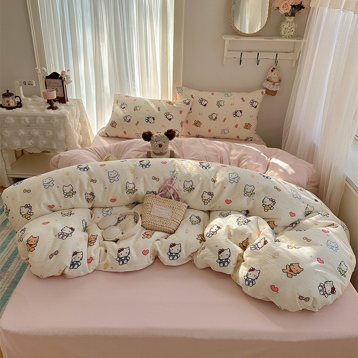 91家纺网 家纺一手货源 找家纺 星禾优选 2025新款全新热款敲可爱的奶呼呼云感双层纱简约四件套系列（提供买家秀） 像素小猫