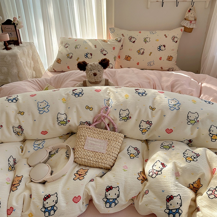 91家纺网 家纺一手货源 找家纺 星禾优选 2025新款全新热款敲可爱的奶呼呼云感双层纱简约四件套系列（提供买家秀） 像素小猫