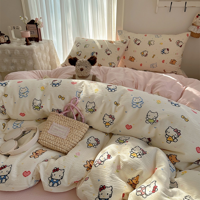 91家纺网 家纺一手货源 找家纺 星禾优选 2025新款全新热款敲可爱的奶呼呼云感双层纱简约四件套系列（提供买家秀） 像素小猫