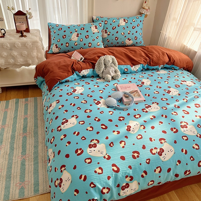 91家纺网 家纺一手货源 找家纺 星禾优选 2025新款全新热款敲可爱的奶呼呼云感双层纱简约四件套系列（提供买家秀） 大脸二胡猫-蓝