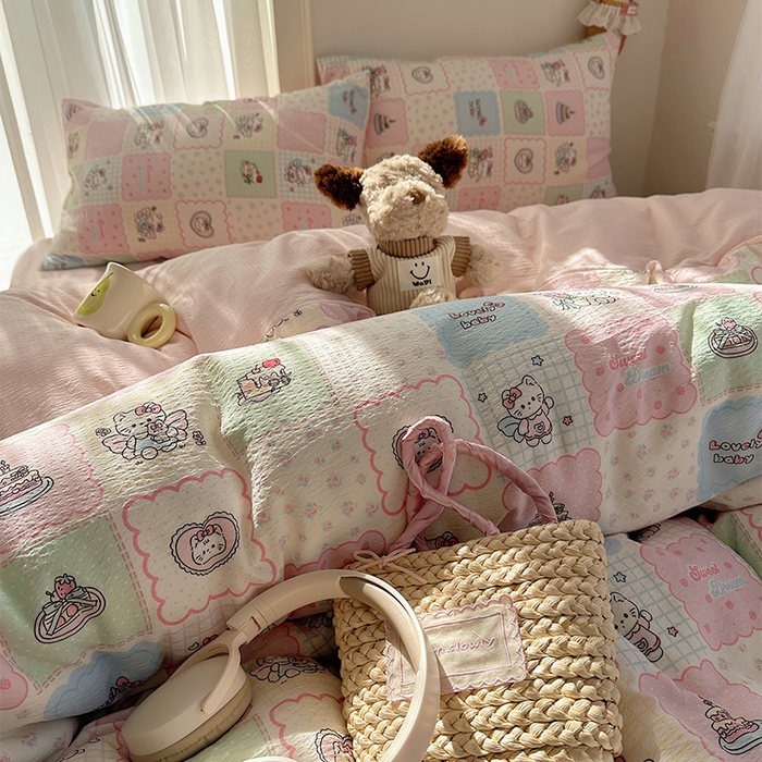 91家纺网 家纺一手货源 找家纺 星禾优选 2025新款全新热款敲可爱的奶呼呼云感双层纱简约四件套系列（提供买家秀） 蛋糕派