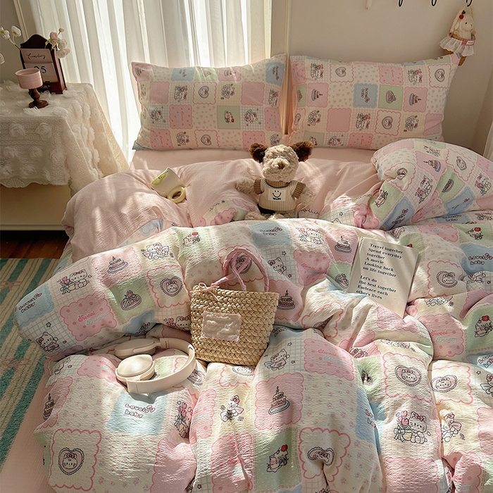 91家纺网 家纺一手货源 找家纺 星禾优选 2025新款全新热款敲可爱的奶呼呼云感双层纱简约四件套系列（提供买家秀） 蛋糕派