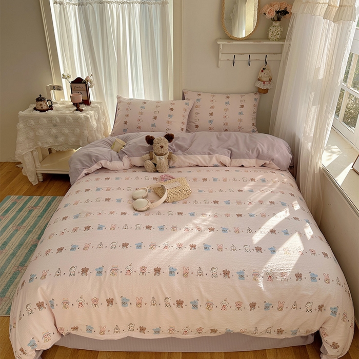 91家纺网 家纺一手货源 找家纺 星禾优选 2025新款全新热款敲可爱的奶呼呼云感双层纱简约四件套系列（提供买家秀） 动物游园