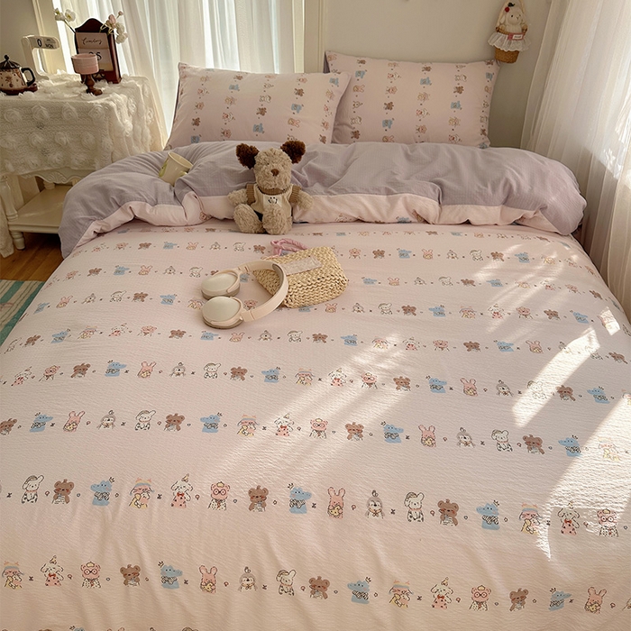 91家纺网 家纺一手货源 找家纺 星禾优选 2025新款全新热款敲可爱的奶呼呼云感双层纱简约四件套系列（提供买家秀） 动物游园