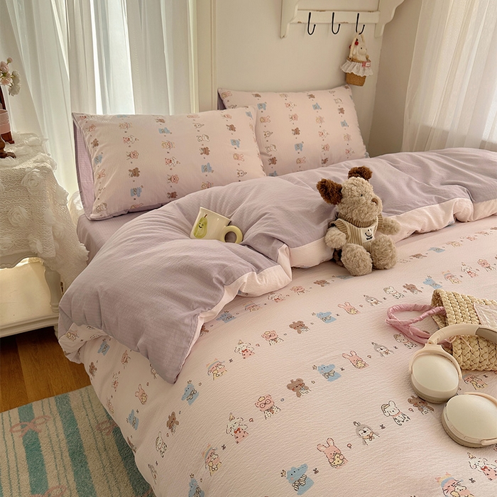 91家纺网 家纺一手货源 找家纺 星禾优选 2025新款全新热款敲可爱的奶呼呼云感双层纱简约四件套系列（提供买家秀） 动物游园