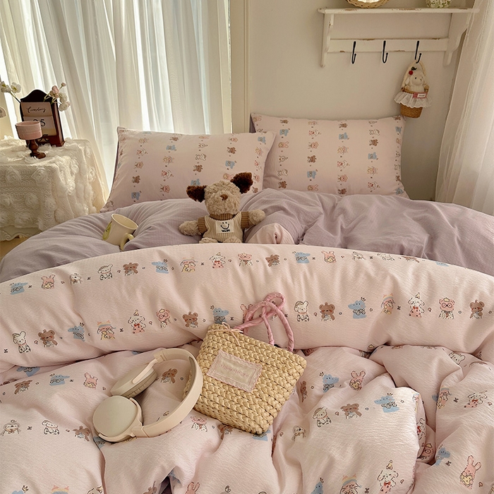 91家纺网 家纺一手货源 找家纺 星禾优选 2025新款全新热款敲可爱的奶呼呼云感双层纱简约四件套系列（提供买家秀） 动物游园