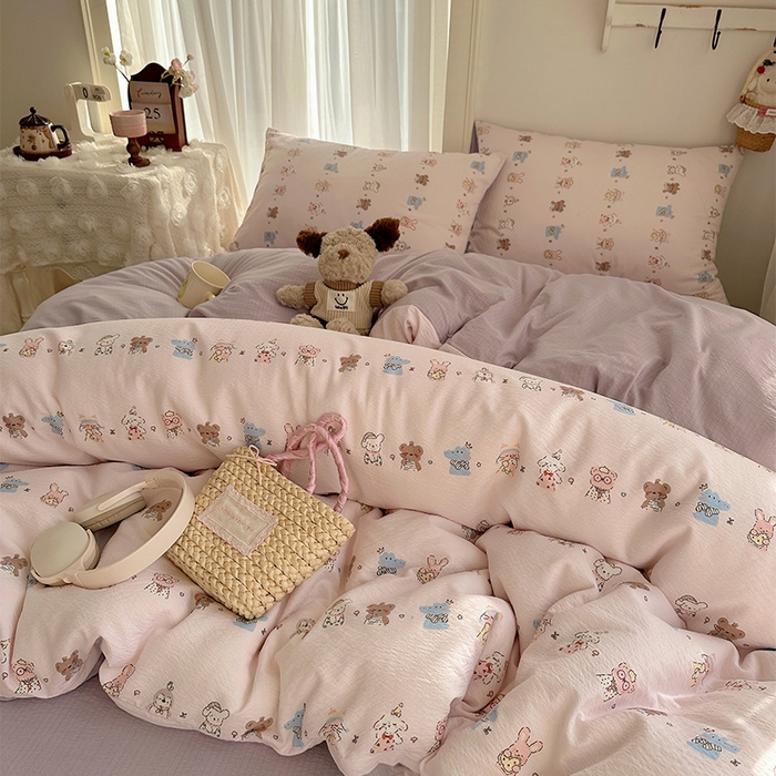 91家纺网 家纺一手货源 找家纺 星禾优选 2025新款全新热款敲可爱的奶呼呼云感双层纱简约四件套系列（提供买家秀） 动物游园