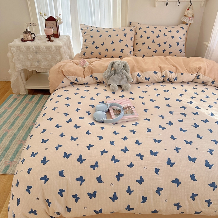 91家纺网 家纺一手货源 找家纺 星禾优选 2025新款全新热款敲可爱的奶呼呼云感双层纱简约四件套系列（提供买家秀） 蝴蝶剪影