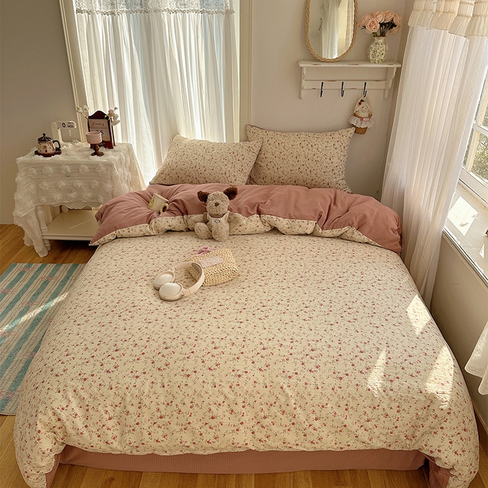 91家纺网 家纺一手货源 找家纺 星禾优选 2025新款全新热款敲可爱的奶呼呼云感双层纱简约四件套系列（提供买家秀） 见花则喜