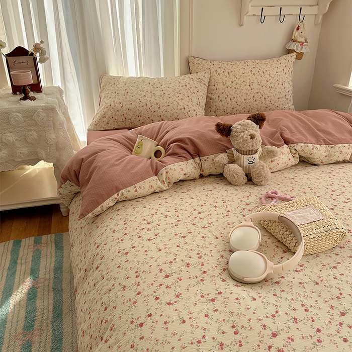 91家纺网 家纺一手货源 找家纺 星禾优选 2025新款全新热款敲可爱的奶呼呼云感双层纱简约四件套系列（提供买家秀） 见花则喜