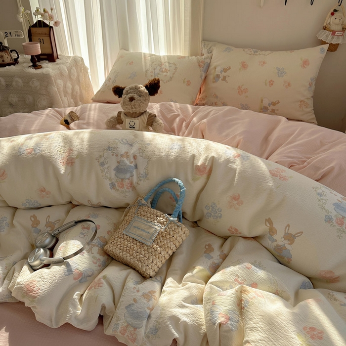 91家纺网 家纺一手货源 找家纺 星禾优选 2025新款全新热款敲可爱的奶呼呼云感双层纱简约四件套系列（提供买家秀） 镜子里的兔