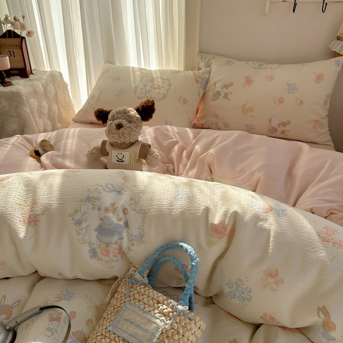 91家纺网 家纺一手货源 找家纺 星禾优选 2025新款全新热款敲可爱的奶呼呼云感双层纱简约四件套系列（提供买家秀） 镜子里的兔