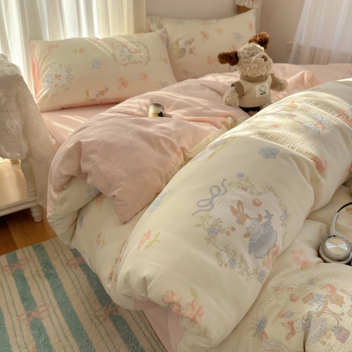 91家纺网 家纺一手货源 找家纺 星禾优选 2025新款全新热款敲可爱的奶呼呼云感双层纱简约四件套系列（提供买家秀） 镜子里的兔