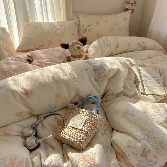 91家纺网 家纺一手货源 找家纺 星禾优选 2025新款全新热款敲可爱的奶呼呼云感双层纱简约四件套系列（提供买家秀） 镜子里的兔