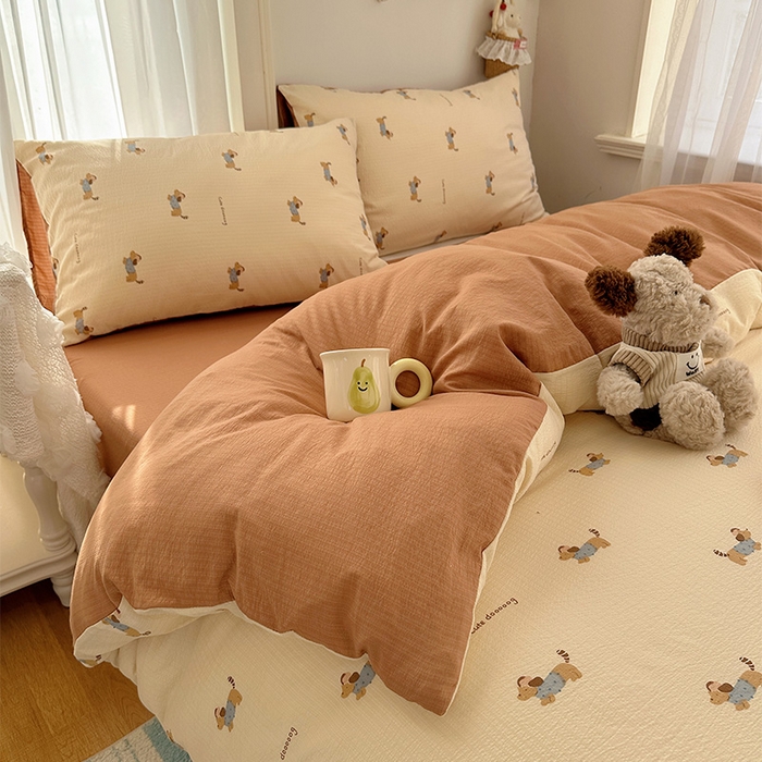 91家纺网 家纺一手货源 找家纺 星禾优选 2025新款全新热款敲可爱的奶呼呼云感双层纱简约四件套系列（提供买家秀） 俏皮狗