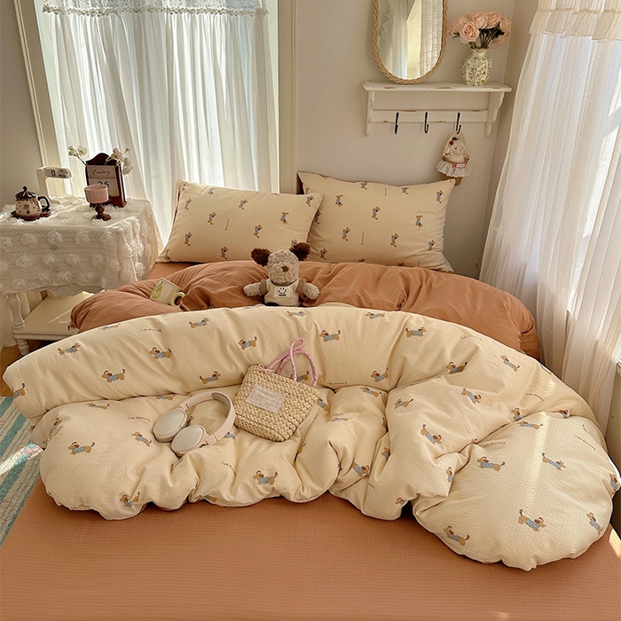 91家纺网 家纺一手货源 找家纺 星禾优选 2025新款全新热款敲可爱的奶呼呼云感双层纱简约四件套系列（提供买家秀） 俏皮狗