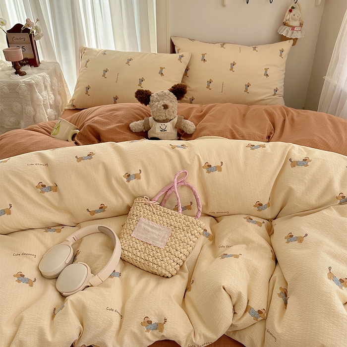 91家纺网 家纺一手货源 找家纺 星禾优选 2025新款全新热款敲可爱的奶呼呼云感双层纱简约四件套系列（提供买家秀） 俏皮狗