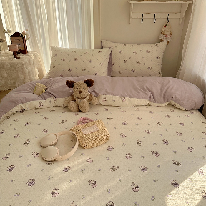 91家纺网 家纺一手货源 找家纺 星禾优选 2025新款全新热款敲可爱的奶呼呼云感双层纱简约四件套系列（提供买家秀） 裙子小兔