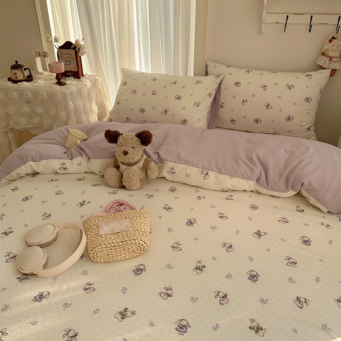 91家纺网 家纺一手货源 找家纺 星禾优选 2025新款全新热款敲可爱的奶呼呼云感双层纱简约四件套系列（提供买家秀） 裙子小兔