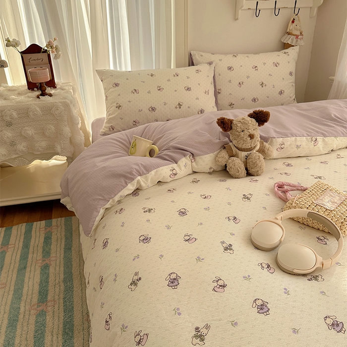 91家纺网 家纺一手货源 找家纺 星禾优选 2025新款全新热款敲可爱的奶呼呼云感双层纱简约四件套系列（提供买家秀） 裙子小兔