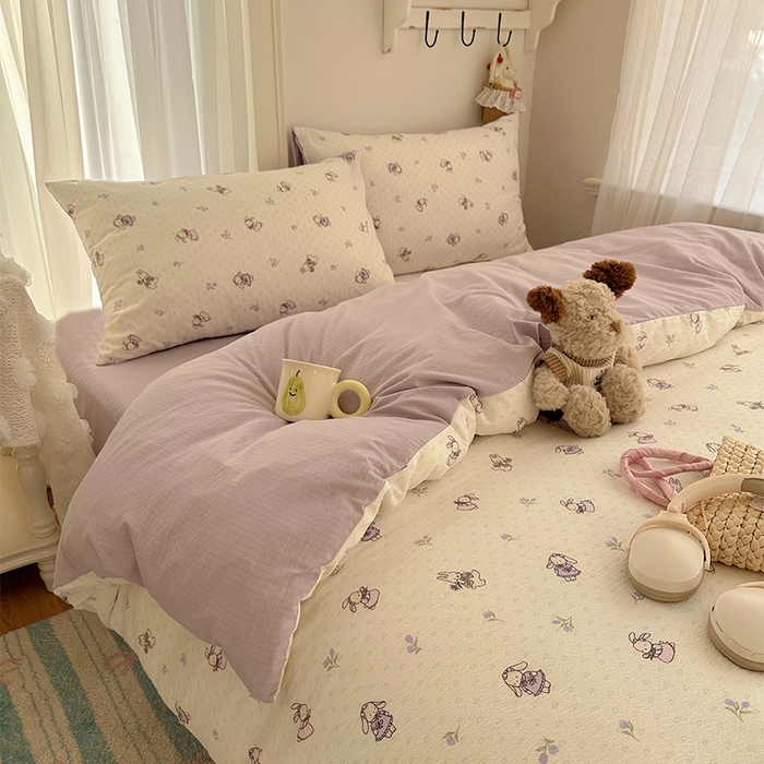 91家纺网 家纺一手货源 找家纺 星禾优选 2025新款全新热款敲可爱的奶呼呼云感双层纱简约四件套系列（提供买家秀） 裙子小兔