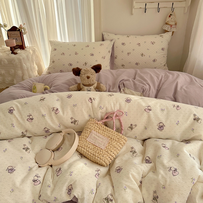 91家纺网 家纺一手货源 找家纺 星禾优选 2025新款全新热款敲可爱的奶呼呼云感双层纱简约四件套系列（提供买家秀） 裙子小兔