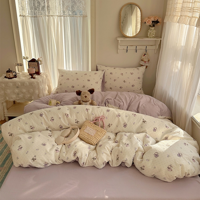 91家纺网 家纺一手货源 找家纺 星禾优选 2025新款全新热款敲可爱的奶呼呼云感双层纱简约四件套系列（提供买家秀） 裙子小兔