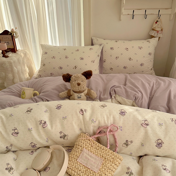 91家纺网 家纺一手货源 找家纺 星禾优选 2025新款全新热款敲可爱的奶呼呼云感双层纱简约四件套系列（提供买家秀） 裙子小兔