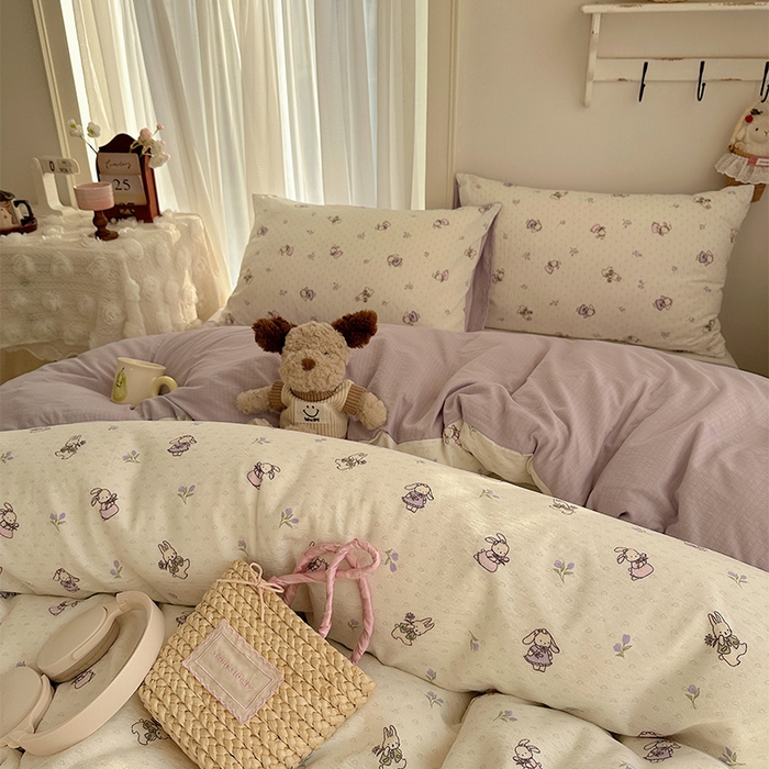 91家纺网 家纺一手货源 找家纺 星禾优选 2025新款全新热款敲可爱的奶呼呼云感双层纱简约四件套系列（提供买家秀） 裙子小兔