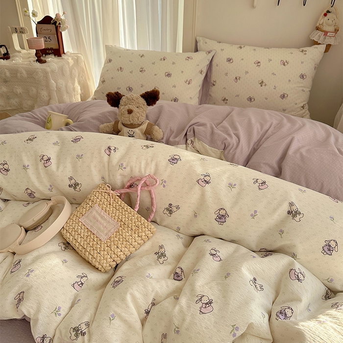 91家纺网 家纺一手货源 找家纺 星禾优选 2025新款全新热款敲可爱的奶呼呼云感双层纱简约四件套系列（提供买家秀） 裙子小兔