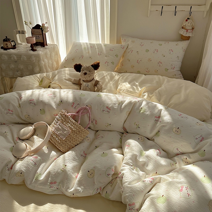 91家纺网 家纺一手货源 找家纺 星禾优选 2025新款全新热款敲可爱的奶呼呼云感双层纱简约四件套系列（提供买家秀） 一口青苹果