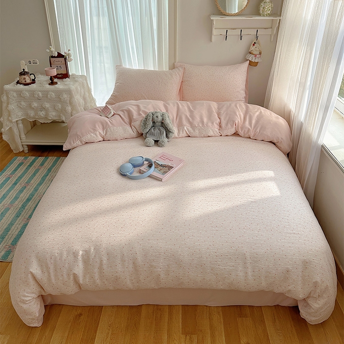 91家纺网 家纺一手货源 找家纺 星禾优选 2025新款全新热款敲可爱的奶呼呼云感双层纱简约四件套系列（提供买家秀） 樱桃奶球