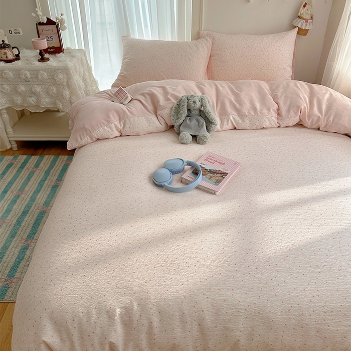 91家纺网 家纺一手货源 找家纺 星禾优选 2025新款全新热款敲可爱的奶呼呼云感双层纱简约四件套系列（提供买家秀） 樱桃奶球