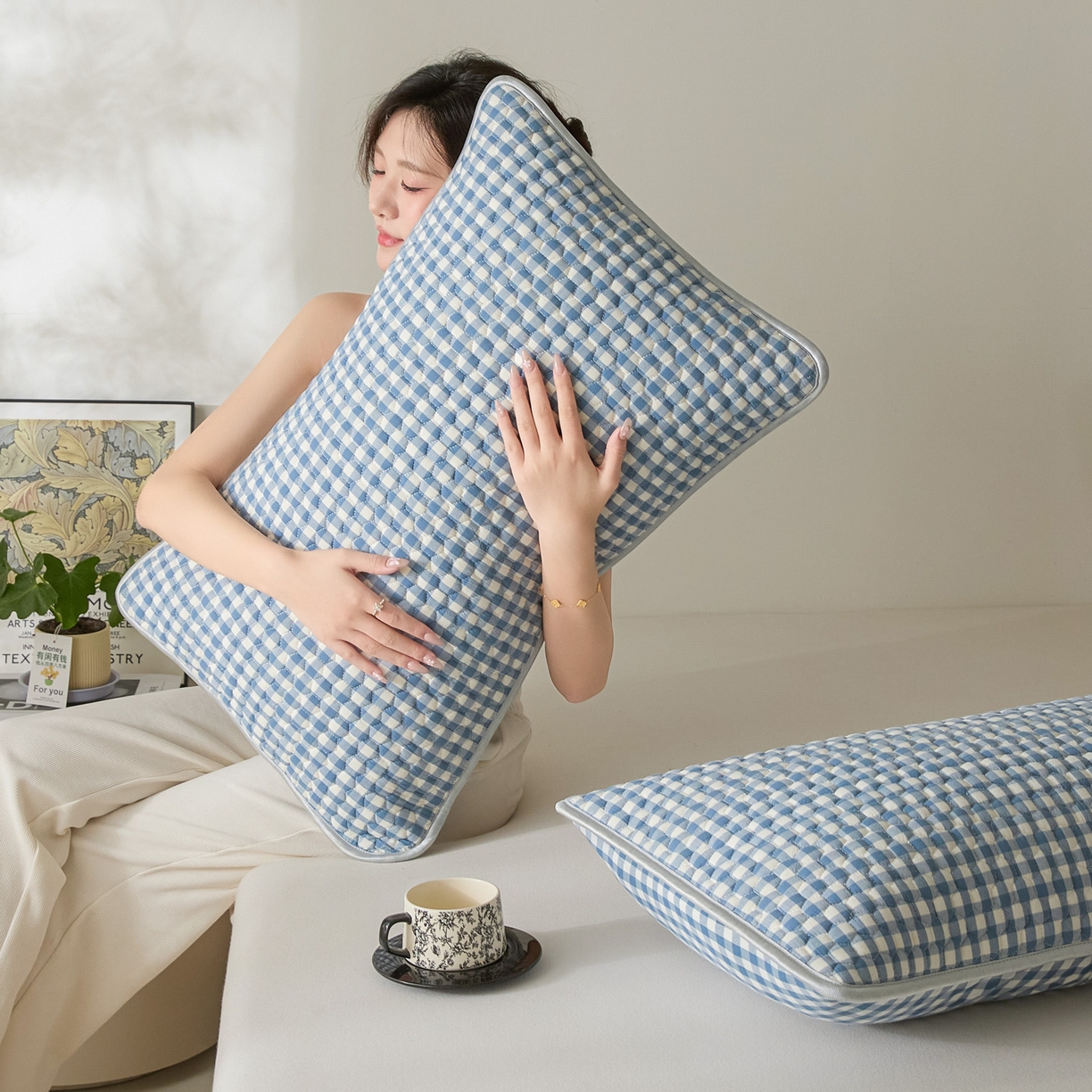 91家纺网 家纺一手货源 找家纺 芬晴家纺 2025新款全棉色织棉花枕套 经典格