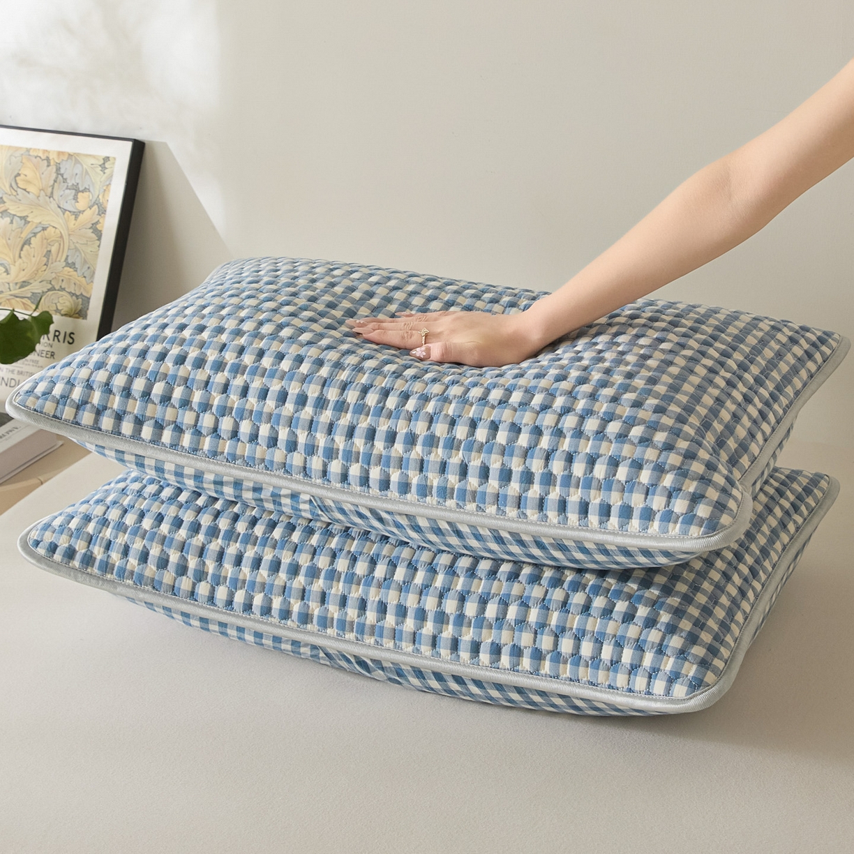 91家纺网 家纺一手货源 找家纺 芬晴家纺 2025新款全棉色织棉花枕套 经典格