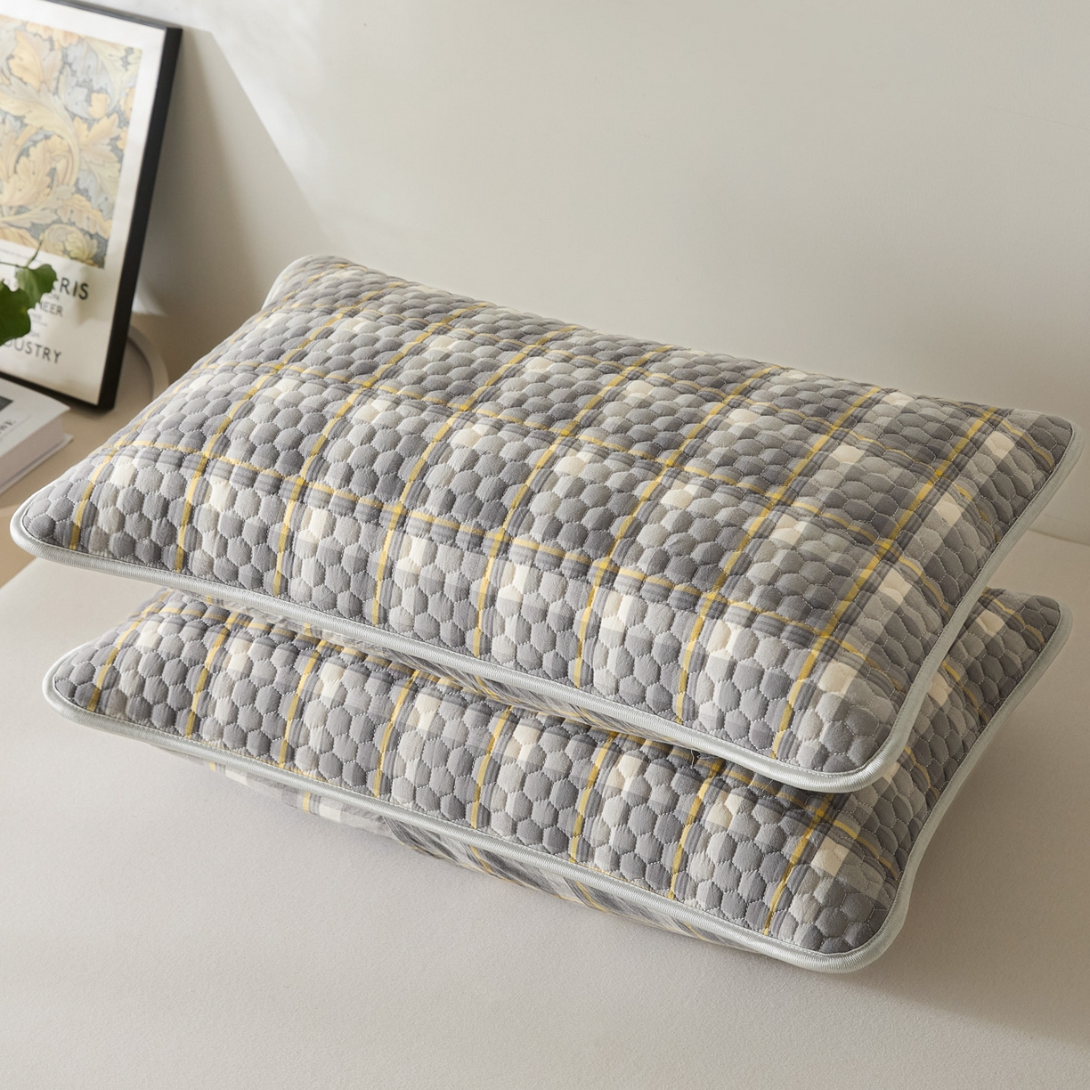 91家纺网 家纺一手货源 找家纺 芬晴家纺 2025新款全棉色织棉花枕套 清风-灰