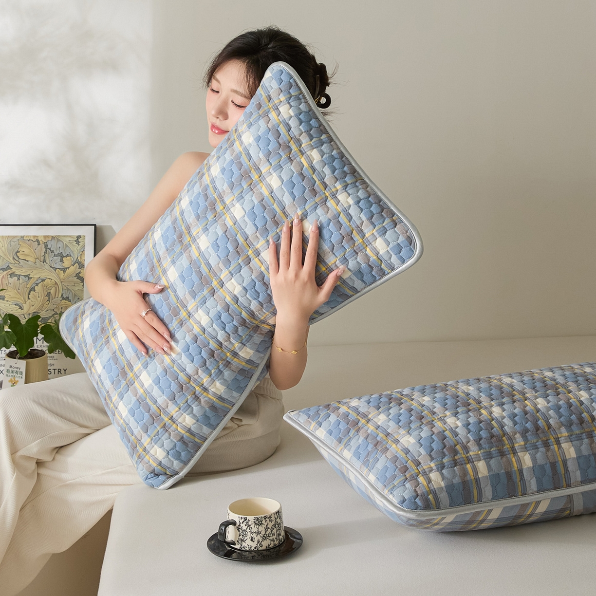 91家纺网 家纺一手货源 找家纺 芬晴家纺 2025新款全棉色织棉花枕套 清风-兰