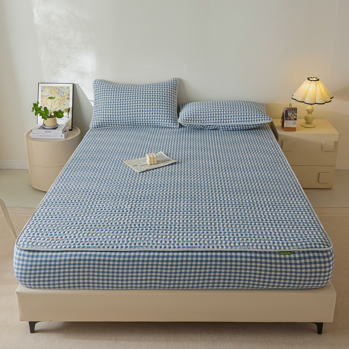 91家纺网 家纺一手货源 找家纺 芬晴家纺 2025新款色织全棉棉花床笠 经典格