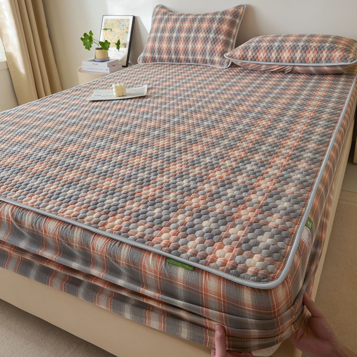 91家纺网 家纺一手货源 找家纺 芬晴家纺 2025新款色织全棉棉花床笠 本色