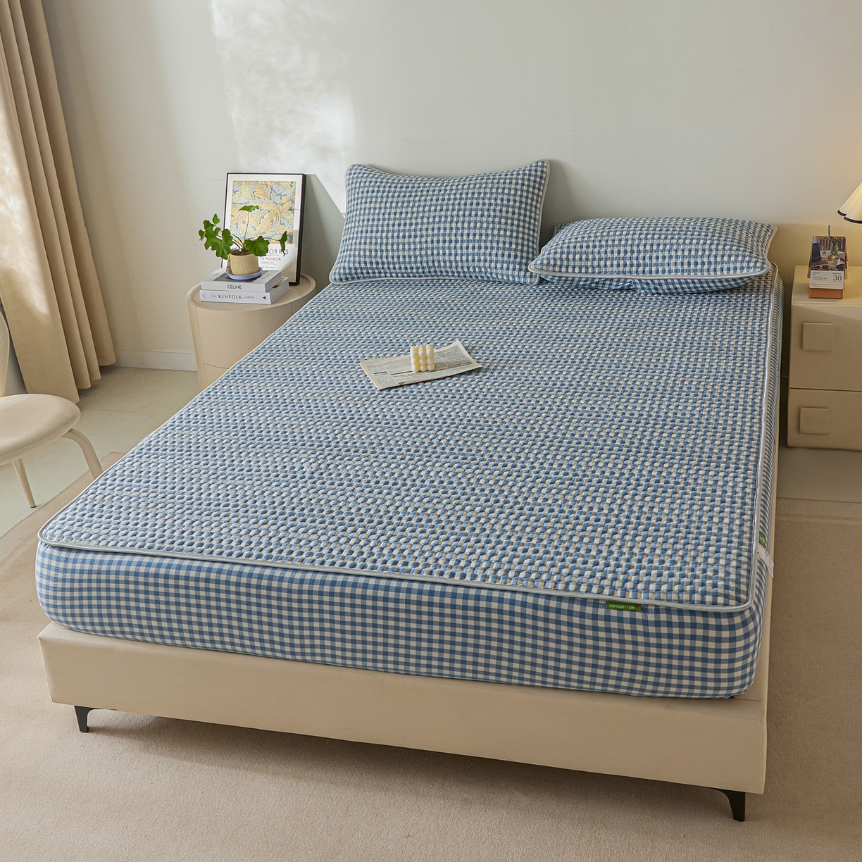 91家纺网 家纺一手货源 找家纺 芬晴家纺 2025新款色织全棉棉花床笠 经典格