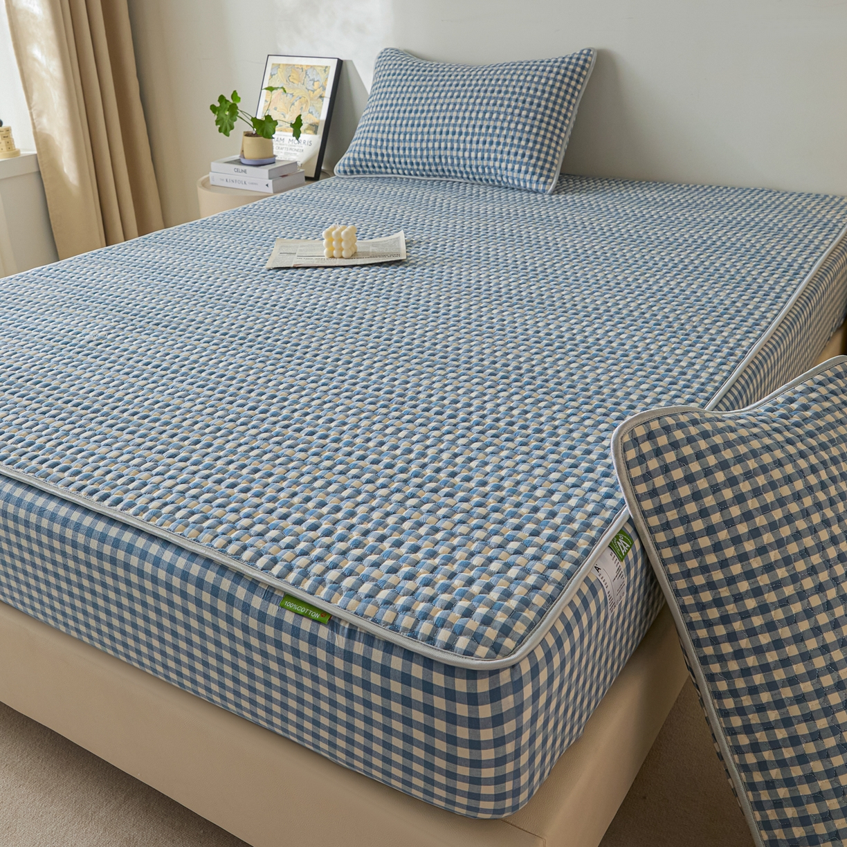 91家纺网 家纺一手货源 找家纺 芬晴家纺 2025新款色织全棉棉花床笠 经典格