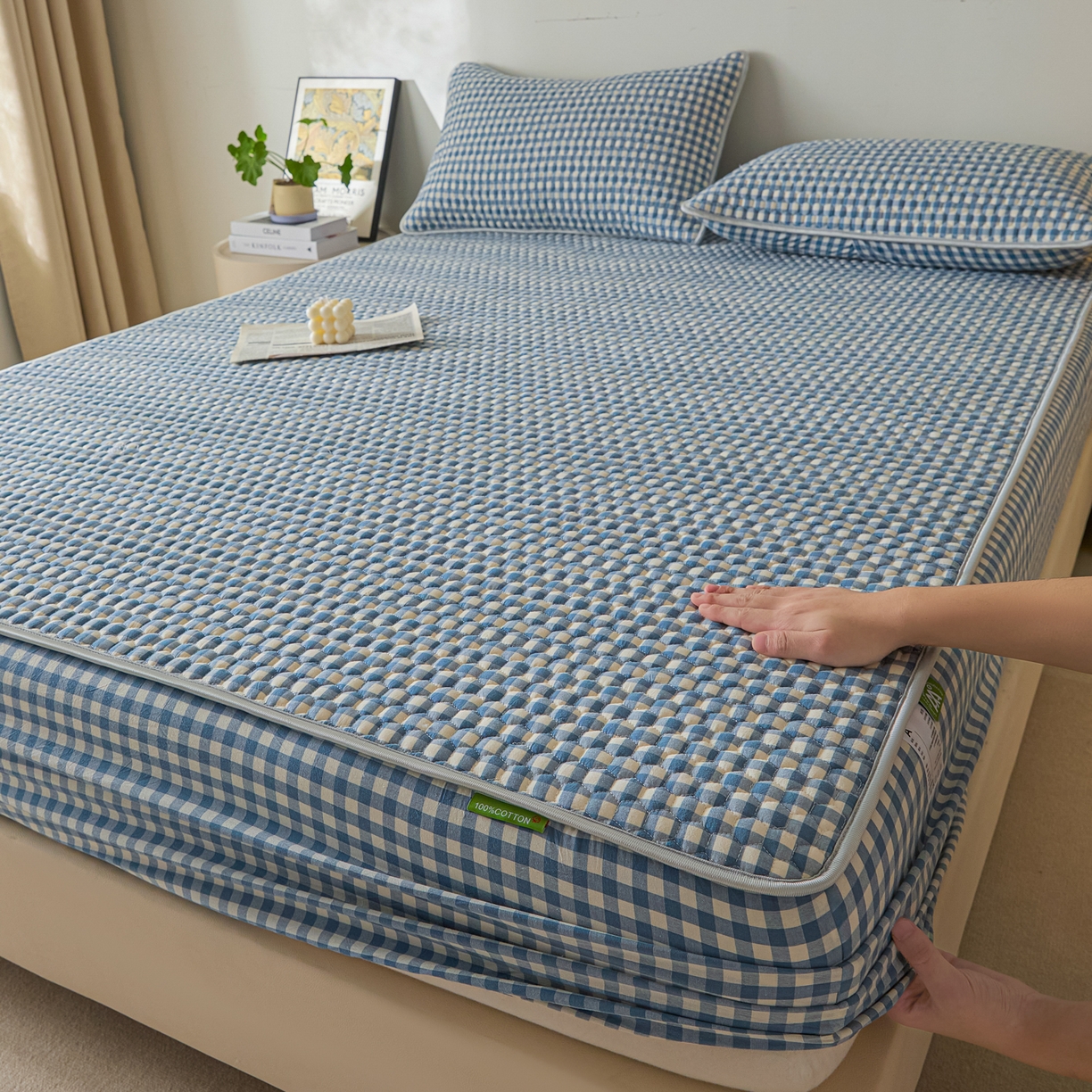 91家纺网 家纺一手货源 找家纺 芬晴家纺 2025新款色织全棉棉花床笠 经典格