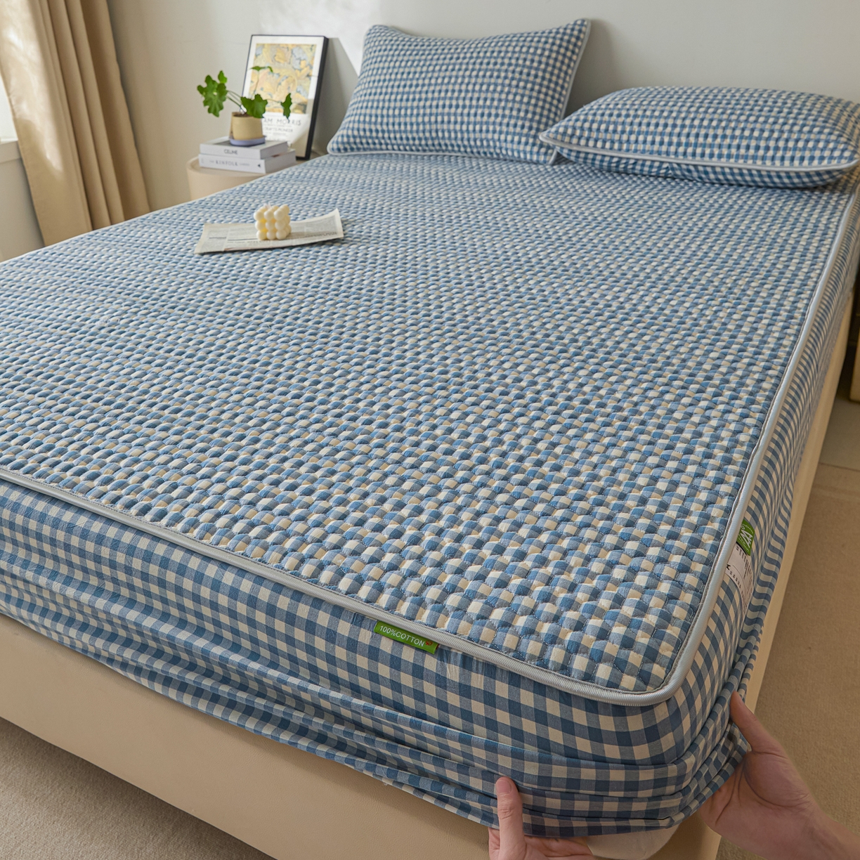 91家纺网 家纺一手货源 找家纺 芬晴家纺 2025新款色织全棉棉花床笠 经典格