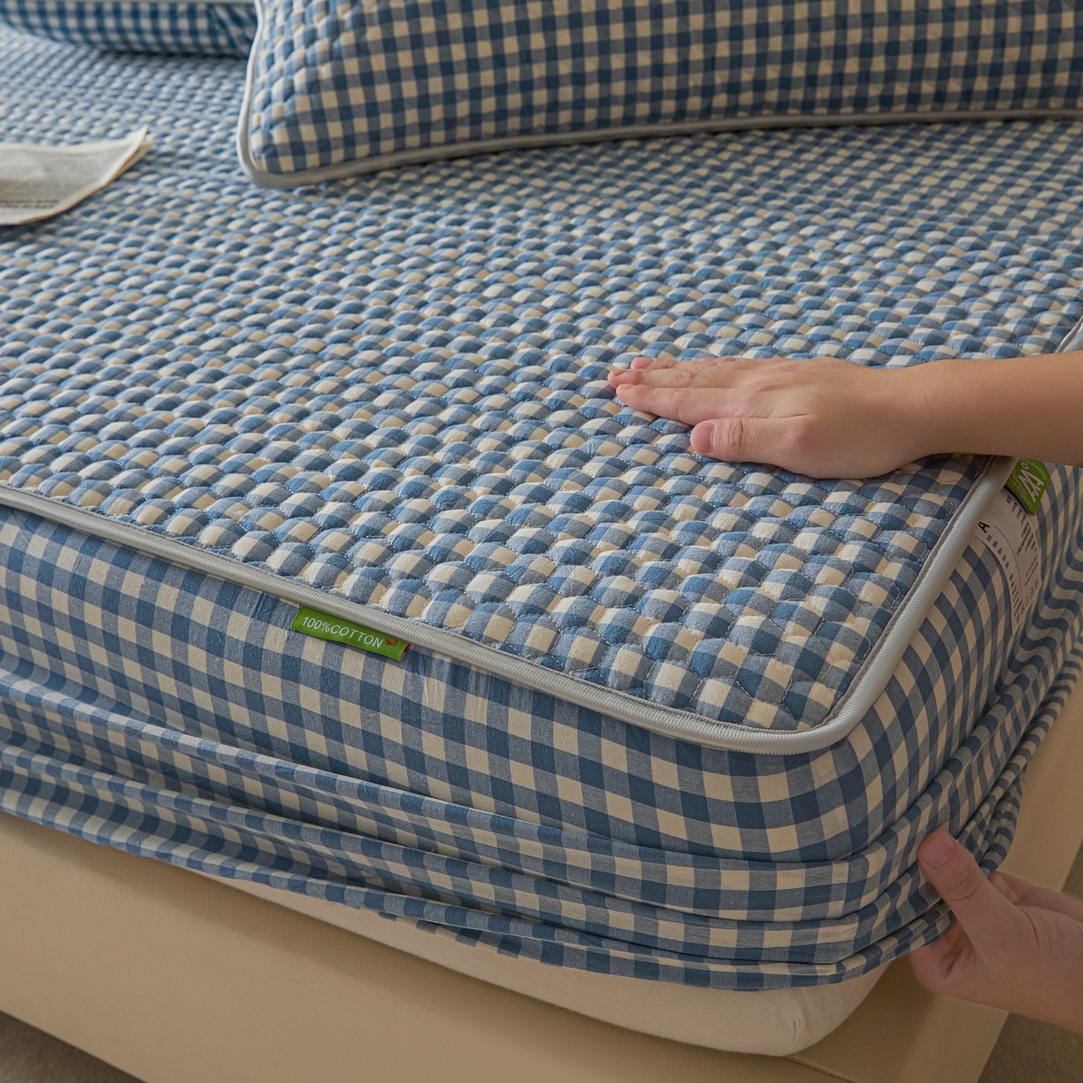 91家纺网 家纺一手货源 找家纺 芬晴家纺 2025新款色织全棉棉花床笠 经典格