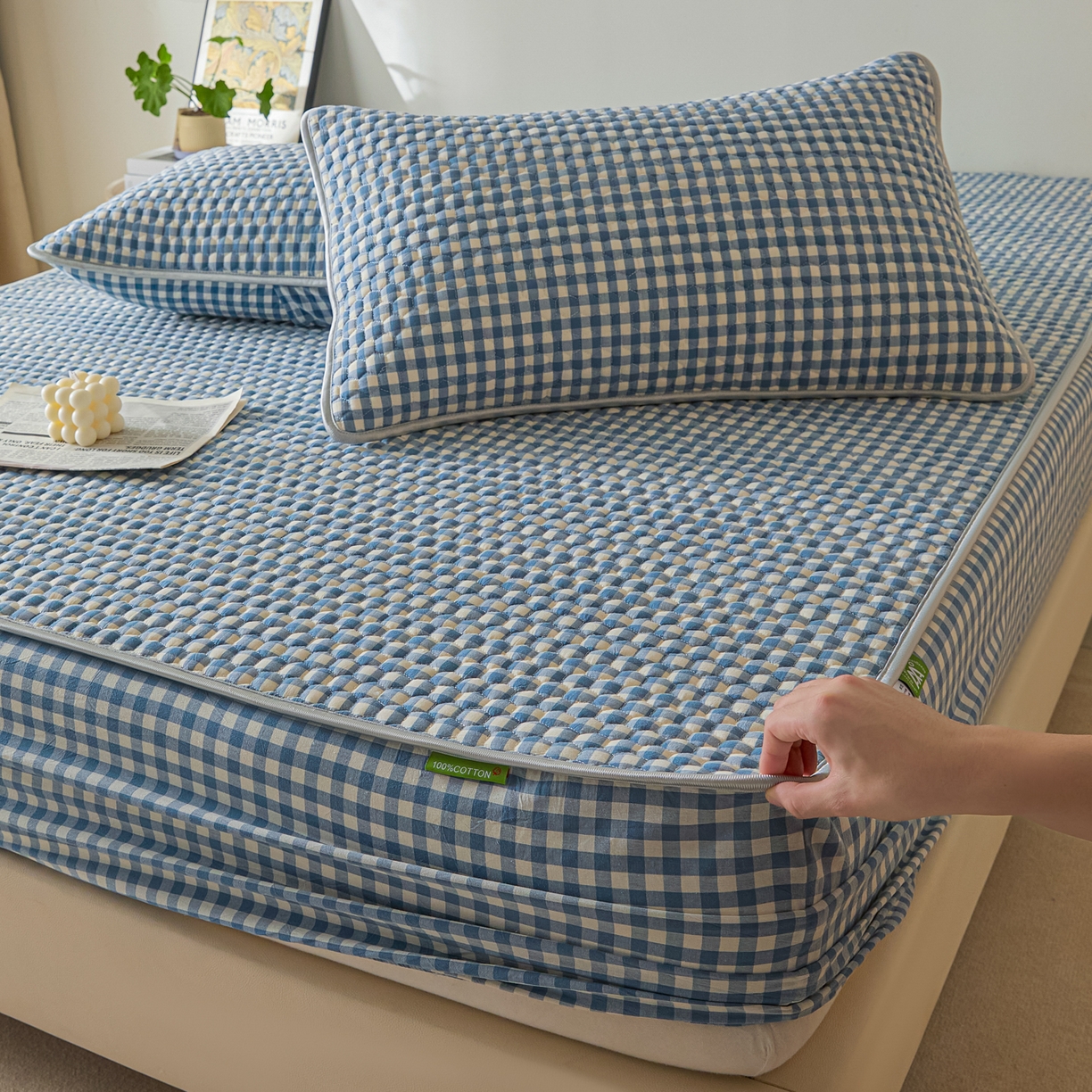 91家纺网 家纺一手货源 找家纺 芬晴家纺 2025新款色织全棉棉花床笠 经典格